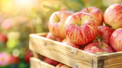 Overflowing wooden crate with ripe apples in lush garden, celebrating natural beauty
