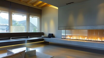 A living room with a single, ultra-modern transparent fireplace and a sleek, floating concrete bench