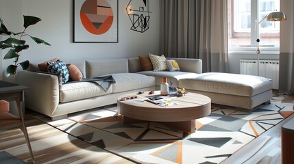 A living room with a single, bold geometric rug, a low-profile sectional in a neutral palette, and a smart coffee table with touch controls