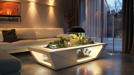 A living room with a single, custom-designed interactive coffee table with a built-in terrarium, and a sleek metal floor lamp