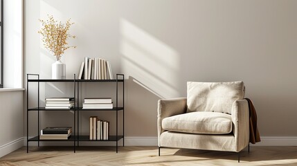 A living room with a single sleek, black metal bookstand holding a set of art books, beside a simple, elegant armchair