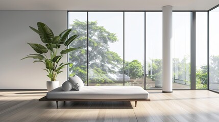A living room with a single wall of floor-to-ceiling windows, a minimalist daybed, and a single, sculptural plant