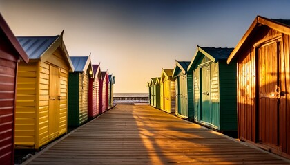 colorful array of beach cabins aligned along a sunlit boardwalk by the sea summer vacation background