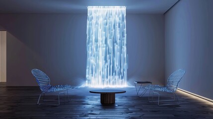 A living room with a single, floor-to-ceiling LED sculpture resembling a waterfall, and a pair of minimalist wireframe chairs