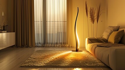 A living room with a single sculptural floor lamp casting a warm glow over a soft, luxurious rug