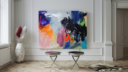 A living room with a single, oversized abstract canvas and a pair of avant-garde metal stools