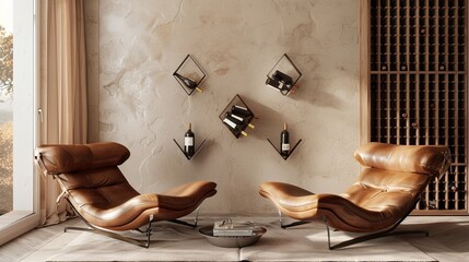 A living room with a single, wall-mounted geometric wine rack, and a pair of low-slung leather sling chairs