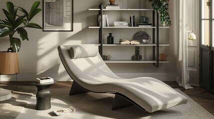 A living room with a single, wall-integrated smart shelving unit and a sleek, fabric chaise lounge