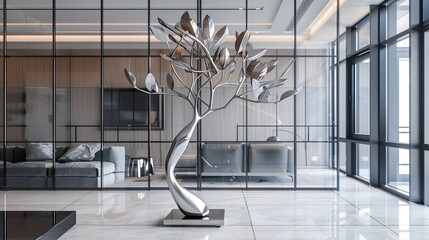 A living room with a single, elegant metal sculpture in the form of an abstract tree, and a backdrop of a smart glass wall