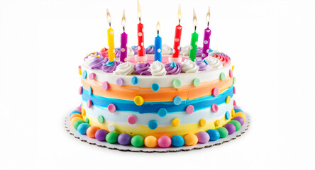 A colorful birthday cake with candles on it. The candles lit and the cake is decorated with colorful frosting on a white plate. colorful birthday cake with candles. isolated on white background