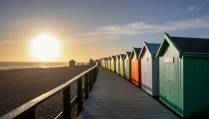 colorful array of beach cabins aligned along a sunlit boardwalk by the sea summer vacation background