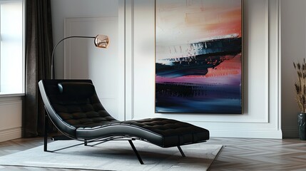 A living room with a single statement black leather chaise lounge and a large abstract painting in monochrome