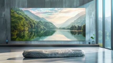 A living room with a single, large-scale digital canvas displaying serene landscapes, and a minimalist stone slab seat