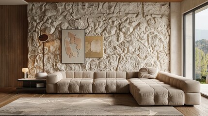 A living room with a single statement wall of textured stone, a modern sofa, and a single, low-profile media console