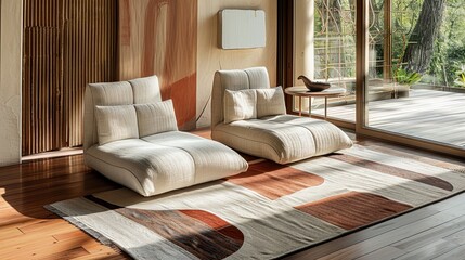 A living room with a single, modernist rug and a pair of low-slung, fabric armchairs