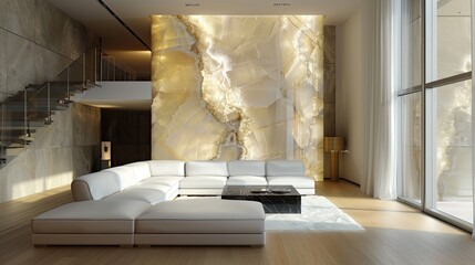 A living room with a single, large-scale backlit onyx feature wall, and a minimalist white leather sectional
