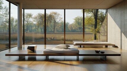 A living room with a single wall of floor-to-ceiling windows, a minimalist daybed, and a single, sleek geometric coffee table