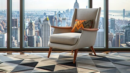 A living room with a single mid-century modern armchair, a geometric rug, and a floor-to-ceiling window with cityscape views