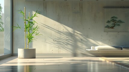 A living room with a single, floor-to-ceiling digital art installation, and a minimalist concrete planter with a single bamboo stalk