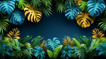 Naklejka premium 4K high-definition wallpaper, vibrant jungle scenes, large leaves, and surreal animal illustrations. With copyable space and white space in the middle, it is surrounded by lush green foliage and color
