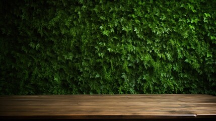 wooden table, green vine tree wall background