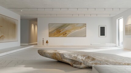 A living room with a single, high-tech smart art installation and a minimalist, stone slab bench