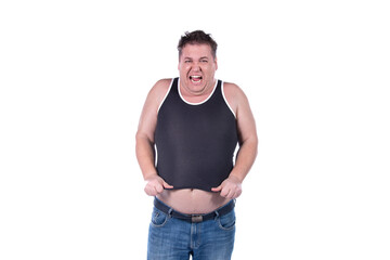 Funny fat man on a diet. Healthy lifestyle and excess weight.