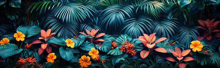 4K high-definition wallpaper, vibrant jungle scenes, large leaves, and surreal animal illustrations. With copyable space and white space in the middle, it is surrounded by lush green foliage and color