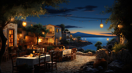 An outdoor Greek taverna on a warm evening, serving plates of grilled octopus, feta, and olives to guests enjoying the Mediterranean breeze.