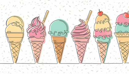 Abstract ice cream with continuous one line style on digital art concept.