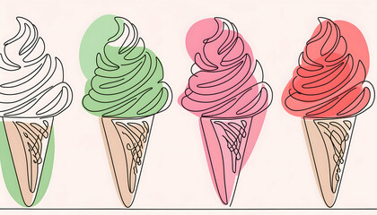 Abstract ice cream with continuous one line style on digital art concept.