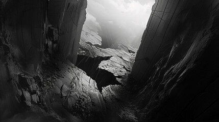 a cave in the mountains view of the earth view from inside a crevasse like in oil paint crack, slim passage between walls but see sky, digital painting, artstation, concept art, sharp focus, cinematic
