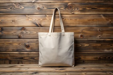white tote bag mockup on wooden wall background