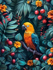 4K HD wallpaper, vibrant jungle scene with exotic birds, large leaves, presented in a surreal animal illustration style. Surrounded by lush green foliage and colorful plants, it creates an enchanting 