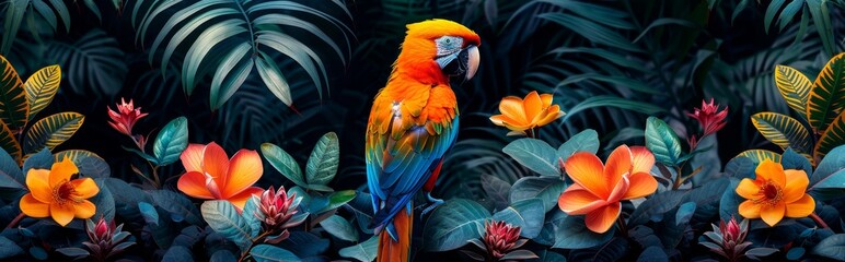 Obraz premium 4K HD wallpaper, vibrant jungle scene with exotic birds, large leaves, presented in a surreal animal illustration style. Surrounded by lush green foliage and colorful plants, it creates an enchanting 