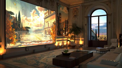 A living room with an entire wall dedicated to a digital art display, capable of streaming live art exhibitions or transforming into a virtual window to various world locations