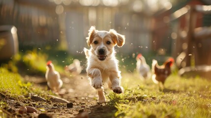 An adorable puppy dashes through a sunlit backyard with chickens in the background, embodying the essence of joyful, carefree play outdoors.