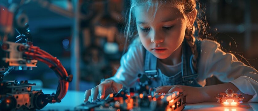 In an atmospheric shot, soft lighting emphasizes the interaction and engagement in a robotics workshop for children 8K , high-resolution, ultra HD,up32K HD