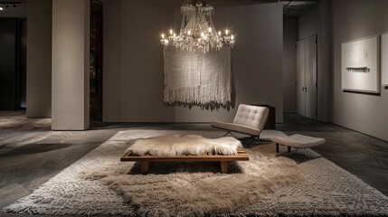 A living room with a sleek, glass-blown chandelier and a single, oversized wool throw rug