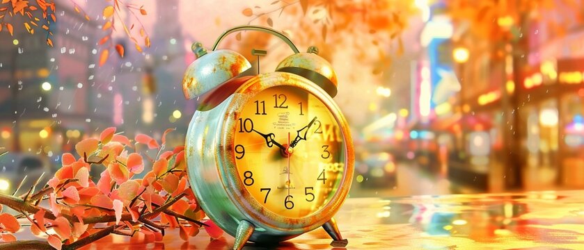 A classic alarm clock in focus, symbolizing urban life and time management, against an isolated vibrant neonlit city background Retro realistic style 8K , high-resolution, ultra HD,up32K HD