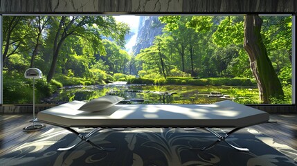 Fototapeta premium A living room with a virtual window showing serene nature scenes, and a single, sleek daybed with chrome accents