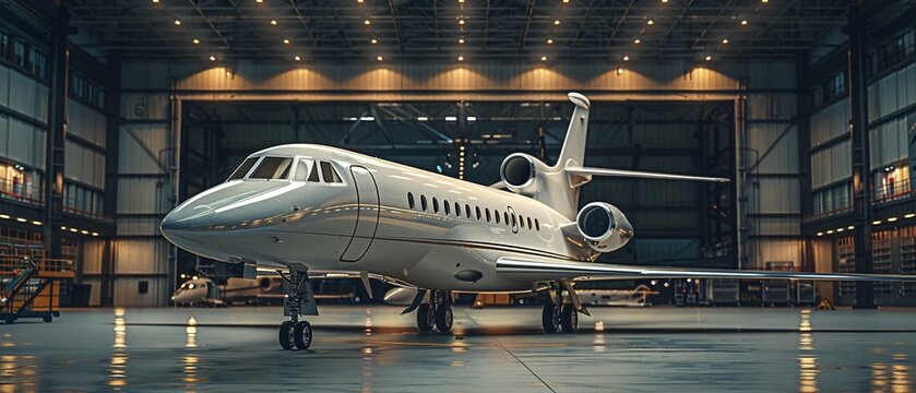 An aircraft parked in the hangar, symbolizing luxury tourism and business travel transportation concept