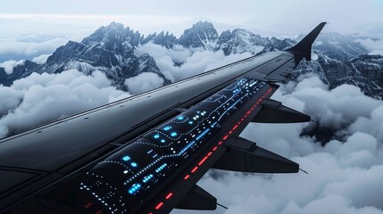 Fototapeta premium The importance of safety and timely maintenance in aviation is illustrated in a closeup of an aircraft wing with embedded IoT sensors, against a sky backdrop