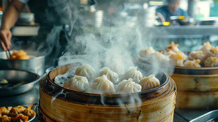 Fresh and appetizing dim sum served on bamboo klakat, accompanied by puffs of smoke resulting from the cooking process, Ai generated Images