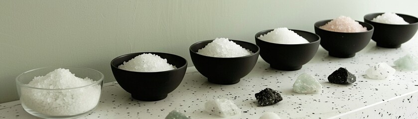 Assorted sea salts in delicate glass containers are displayed alongside smooth spa stones on a pastelcolored marble table, creating a luxurious and detailed composition - obrazy, fototapety, plakaty