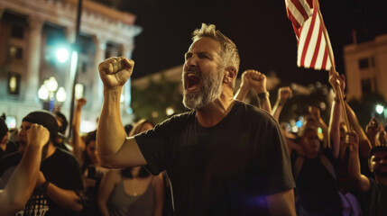 Powerful Moment at a Nighttime Protest: Man Raising His Fist in Solidarity and Passion