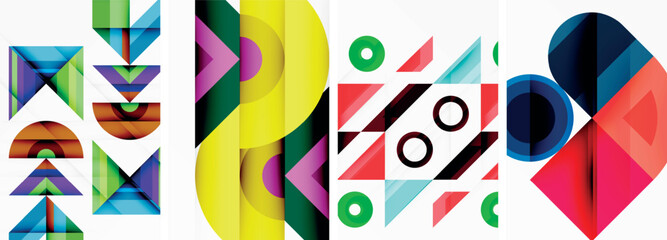 A visually striking art piece featuring rectangles, triangles, and circles in a vibrant magenta color on a white background, showcasing symmetry and patterns