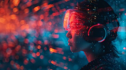 A vivid composition featuring a person wearing a braincomputer interface, surrounded by floating digital data, illustrating the integration of technology and human cognition 8K , high-resolution, ultr - Powered by Adobe