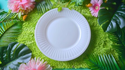 In a nod to ecofriendly practices, a pure white plate is placed on a lime green textured background made of recycled paper, creating a harmonious and sustainable image - obrazy, fototapety, plakaty