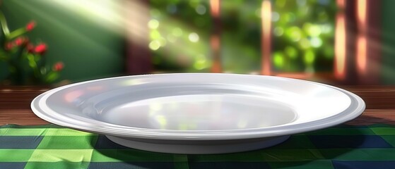 On a green holographic background, an empty white dinner plate represents a harmonious fusion of traditional and futuristic design elements - obrazy, fototapety, plakaty